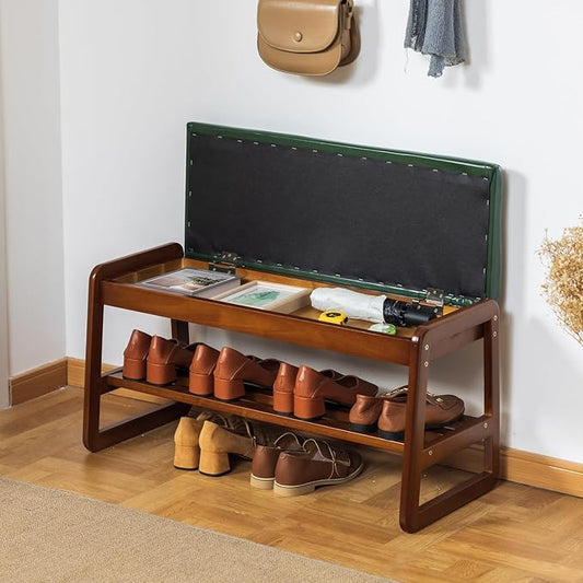 Shoe Bench with Storage - 2-Tier Entryway Bench, Solid Wood Shoe Rack with Cushion & Flip-Open Box, Mid-Century Modern for Hallway, Mudroom, Bedroom (Green, 31.5'')