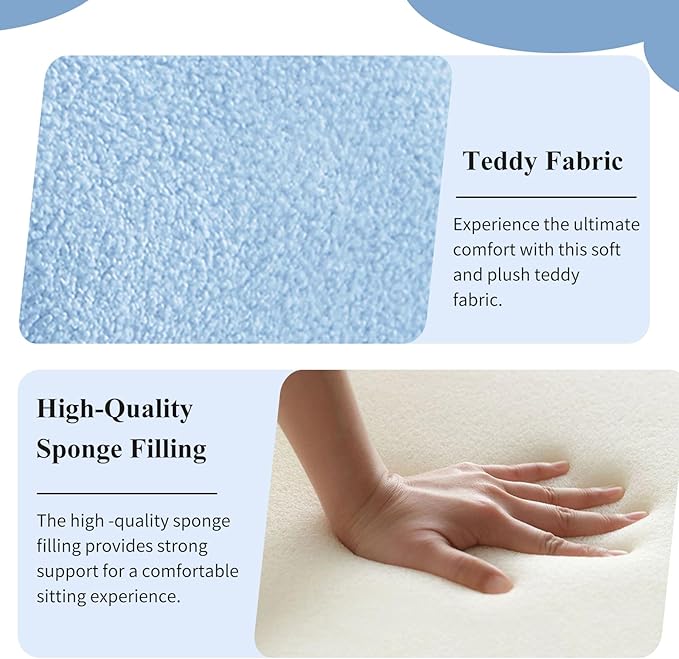 3-Piece Modern Ottoman Bench Set, 44" Wide Teddy Upholstered End of Bed Bench with 2 Foot Stools, Padded U-Shaped Entry Bench Vanity Stool for Living Room Bedroom (Light Blue)