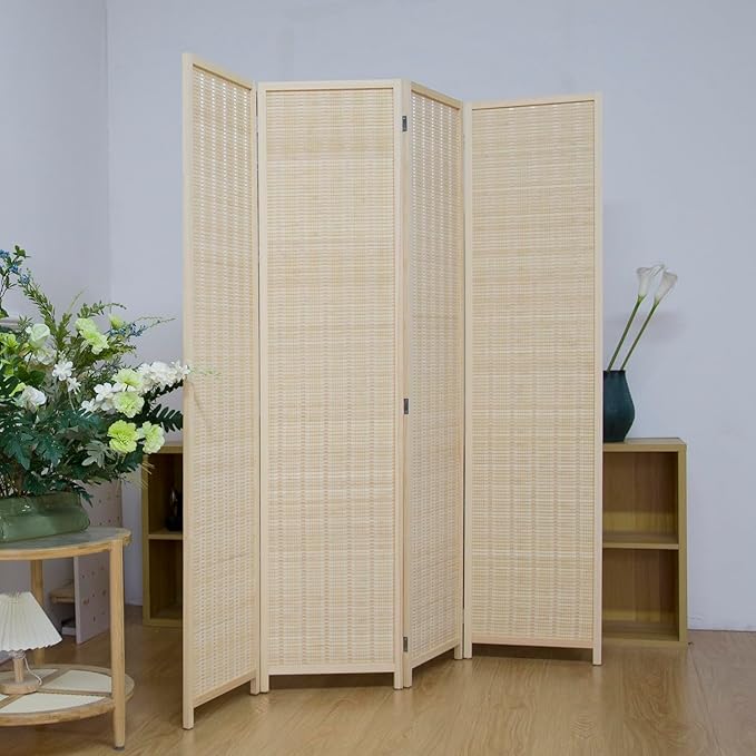 4 Panel Bamboo Room Divider Screen,5.6 FT Tall Bamboo Divider Folding Privacy Screen,Freestanding Panel Divider for Room Seperation,Beige