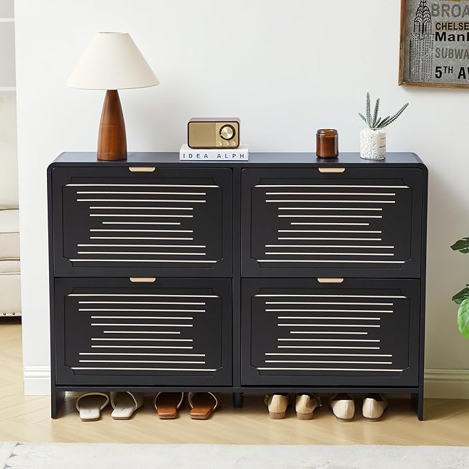 Shoe Storage Cabinet for Entryway with 4 Flip Drawers, Narrow Shoe Rack Organizer, Slim Freestanding Wood Hidden Shoe Cabinet with Adjustable Shelf for Hallway, Living Room (Black, 47.24'')