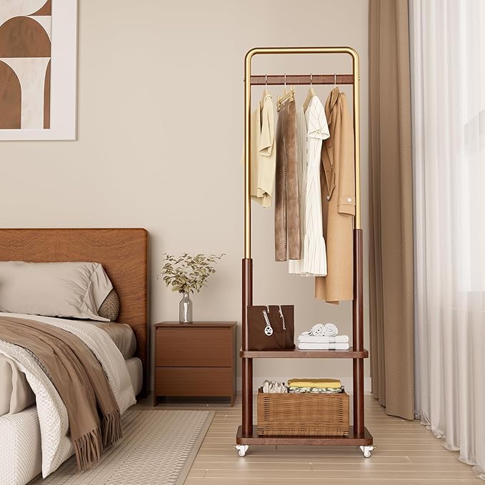 Taitiy Clothes Rack Solid Wood Coat Rack,With Double Shelf Metal & Wood Clothing Rack Freestanding with Wheels for Hanging Clothes Garment, Entryway Bedroom Storage