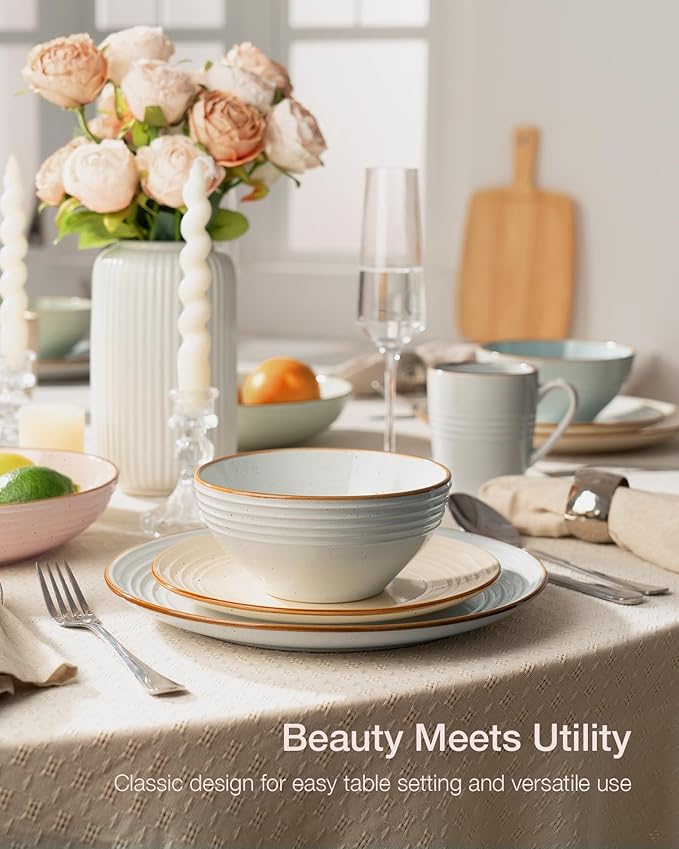 Famiware Jupiter 12-Piece Stoneware Dinnerware Set for 4, Handcrafted Plates and Bowls with Speckles & Embossed Swirls, Chip/Scratch Resistant, Microwave/Dishwasher Safe, Modern Dishes, Multi-color