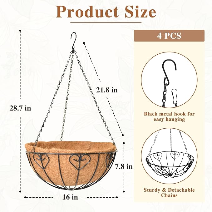 4 Pack Hanging Planter for Outdoor Plants 16 inch Metal Hanging Flower Basket with Coco Coir Liner Round Wire Plant Holder Chain Flower Pots Outdoor Garden Decoration Watering Hanging Baskets（AX）