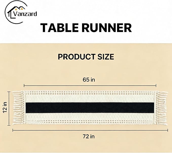 Boho Table Runner for Home Decor with Tassels 72 Inches Long , Farmhouse Rustic Black Table Runners for Bohemian Kitchen Dining Table(12x72in)