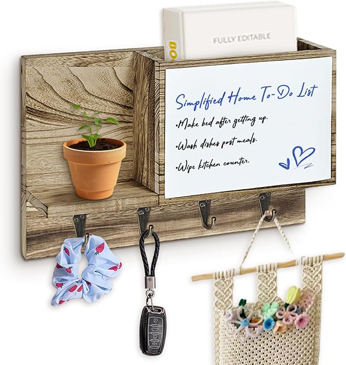 Rustic Mail and Key Holder wall Mount, Brown Solid Wood with Magnetic Whiteboard, 4 Hooks, Entryway Organizer