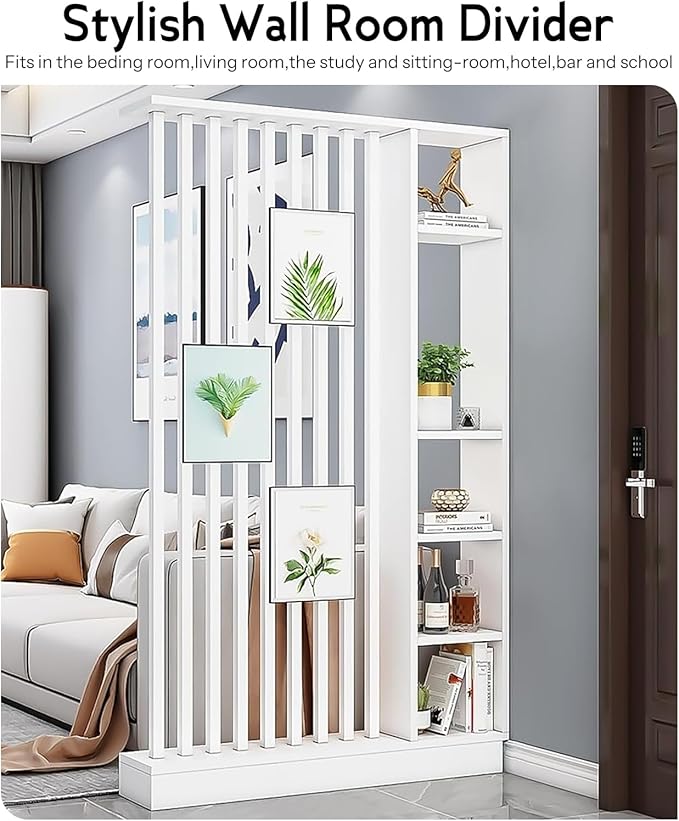 Wall Room Divider, Storage Cabinet Storage Display with Shelves, Modern Freestanding Wood Room Divider Screen, Wall Privacy Screens for Home Decorative (White+W,47" L x 9.5" W x 79.5" H)