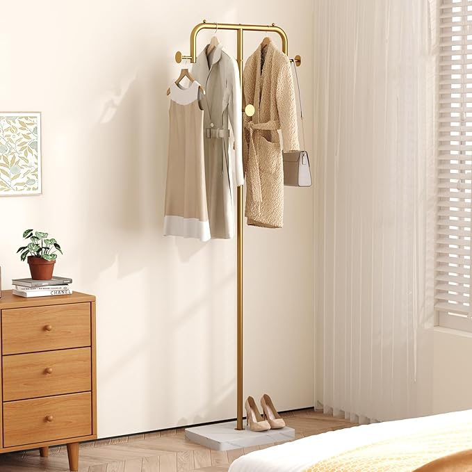 HOMEFORT Coat Rack, Freestanding Metal Coat Racks, Coat Tree Stand with 4 Hooks for Closet, Bedroom, Entryway, Living Room, Gold
