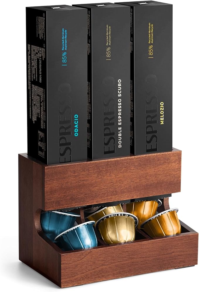 Wood Pod Dispenser Designed for Nespresso Vertuo Capsules, Freestanding Countertop Pods Rack, Coffee Pods Holder for Home or Office Kitchen Counter, Dispenses 3 Coffee Flavors (Brown)