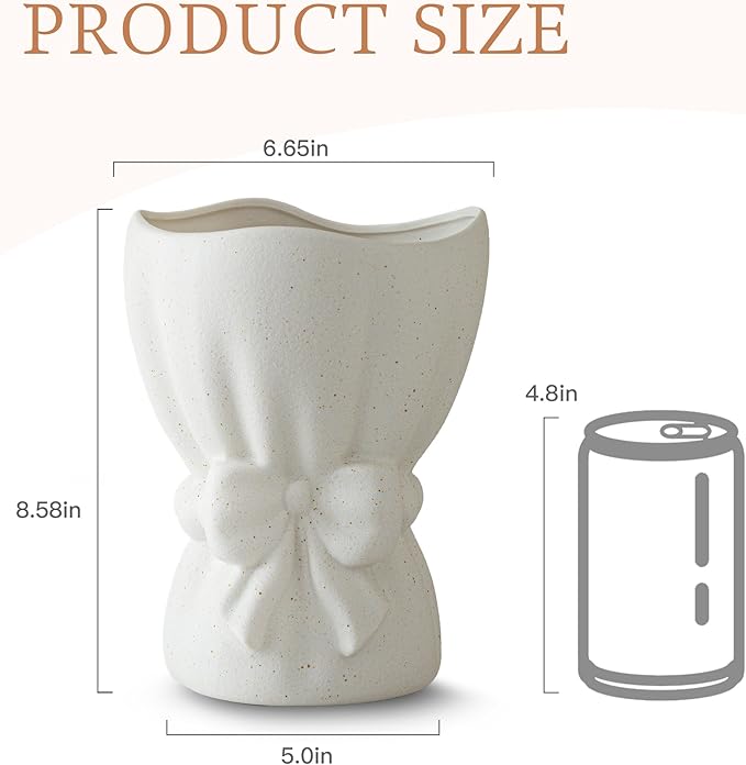 Lvases Bow Knot Ceramic Flower Vase, Textured Frosted Speckled White Minimalist Vases for Home Decor Bedroom Living Room Table Centerpiece