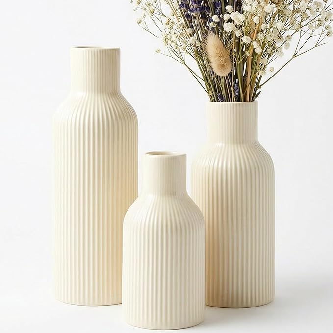Glossy Beige Ceramic Vases Set of 3, Matte Round with 3D Ribbed Texture, Nordic Minimalist for Pampas Grass, Dried & Fresh Flowers, Centerpiece for Living Room, Shelf, Entryway, Wedding