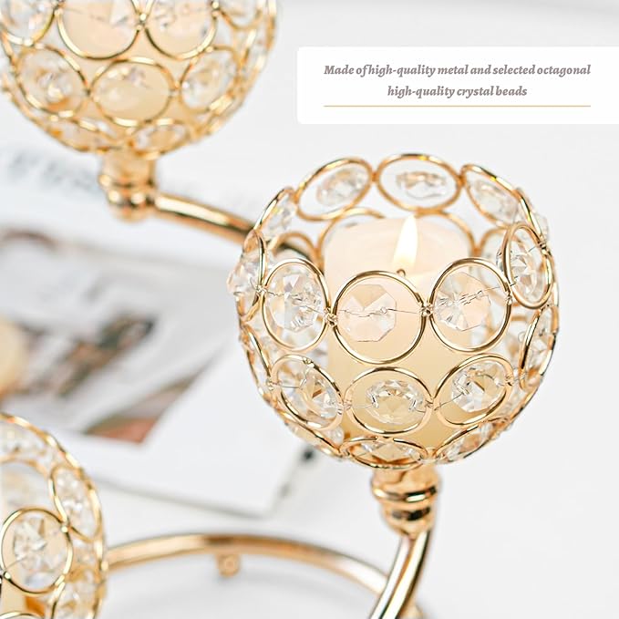 Gold Metal Crystal Candle Holder Set of 3 - Elegant 5-Arm Metal Tea Light Centerpiece with Shining Crystal Bowl, Wedding Anniversary Table Decor for Dining, Party