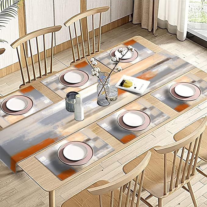 Orange and Grey Table Runner and Place Mats Set of 6 Abstract Modern Table Runners and Placemats Burnt Orange Dining Mat Sets Washable Vintage Tabletop Home Decorations 70 Inches Long