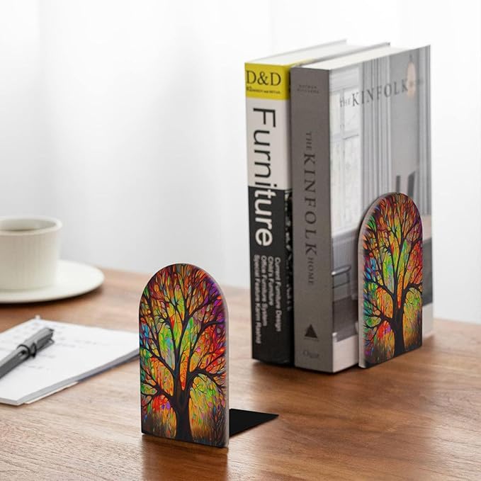 Tree Leaves Colourful L-Shaped Book Ends 1 Pair Wood Bookends Book End Supports for Heavy Book Shelf Holder Home Decorative