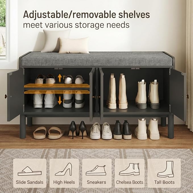 Shoe Storage Bench, 2-Tier Entryway Bench with Cushion, 15" D x 39.4" W x 19.7" H, Shoe Cabinet Bench with 4 Doors and Adjustable Shelves, for Entryway, Hallway, Bedroom, Living Room, Black