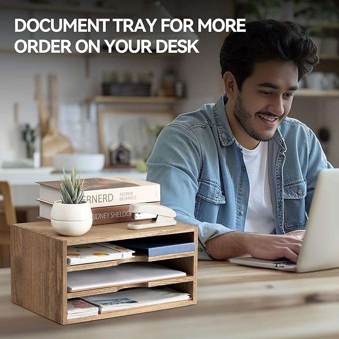 KIRIGEN Wooden Desktop Organizer, 3 Tier Solid Wood Letter Tray and Paper File Sorter for Desk, Freestanding Office Document Holder for Mail, Magazines, Folders, 13.78 x 9.45 x 7.08 in Brown 3KWJG-DBR