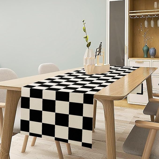 Black White Plaid Table Runner Racing Car Theme for Birthday Reunion Party Home Kitchen Dining Room Dinner Runner Decor 13x90in