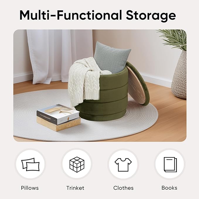 15" Upholstered Round Velvet Ottoman with Storage | Foldable Foot Rest Ottoman with Wooden Tabletop, Decorative Home Furniture for Living Room & Bedroom-Olive