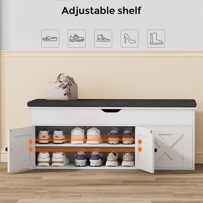 Homleke Shoe Storage Bench with Lift Top & 3 Barn Doors, Entryway Bench with Removable Cushion, Adjustable Shelf, Hidden Storage Cabinet for Hallway, Living Room, Bedroom - White