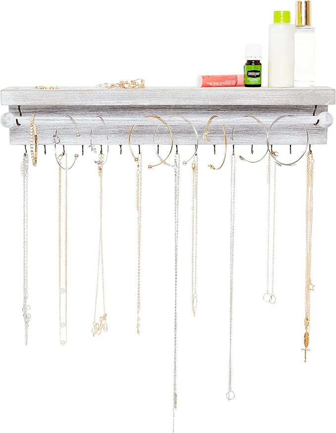 Rustic White Necklace Jewelry Organizer - Wall Mount Jewelry Holder - Mounted Hanging Jewelry Storage Hooks for Necklace, Earrings, and Rings - Farmhouse Wood Decor Bedroom Boho Shelf Rack