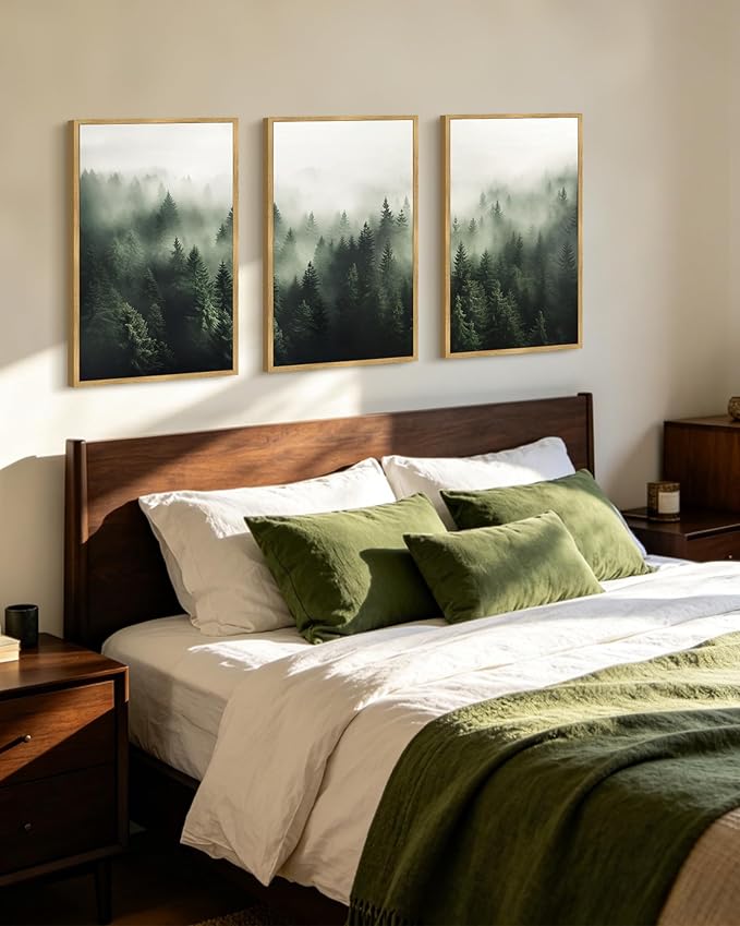 PHOPAGO Green Fog Pine Tree Framed Wall Art Large 16x24in Nature Misty Nordic Forests Artwork Morden Paints for Living Room Home Office Decor - Natural Framed