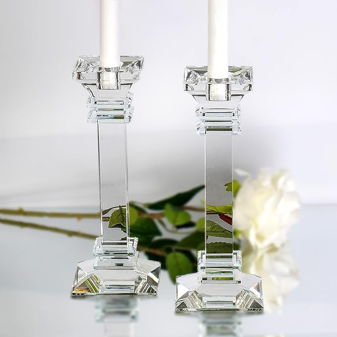 Crystal Candle Holders Set of 2-8" Tall Crystal Candlestick Holders - Ultra Elegant & Modern Centerpiece Home Décor