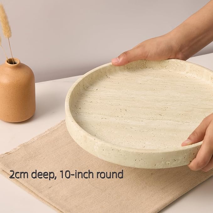 Natural Travertine Vanity Tray – Round Beige Marble Tray for Bathroom, Jewelry, Candle, Perfume, Nightstand & Kitchen Decor, 10 Inch Wabi-sabi Style Decorative Stone Catchall Organizer