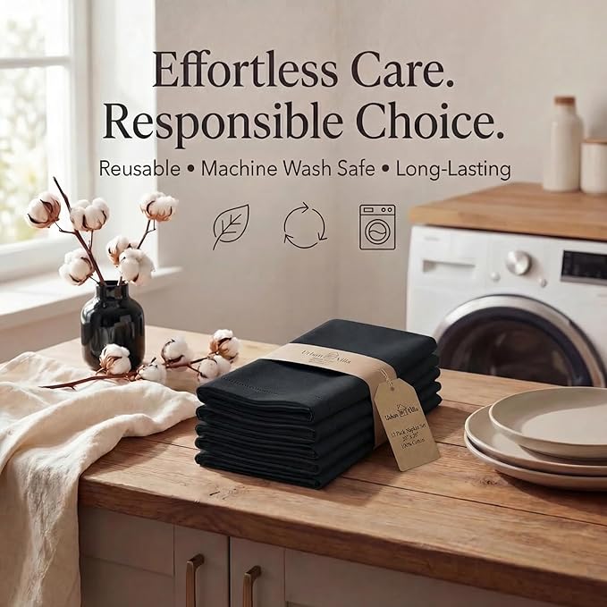 Urban Villa Cloth Napkins 100% Cotton Highly Absorbent Washable Durable Reusable Premium Dinner Napkins Ideal for Gifts for Mothers Day Hotel Farmhouse Parties - Black (20" x 20", Set of 12)