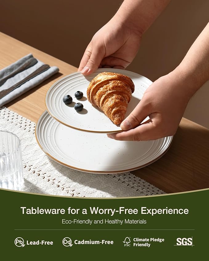 Famiware Jupiter 12-Piece Stoneware Dinnerware Set, Handcrafted Plates and Bowls with Speckles & Embossed Swirls, Chip/Scratch Resistant, Microwave/Dishwasher Safe, Modern Dishes, Service for 4, White