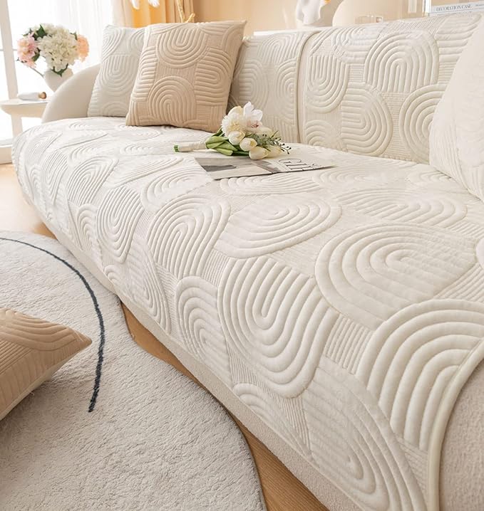 Soft Plush Geometric Quilted Couch Sofa Cover Boho Non Slip Fuzzy Sectional Couch Cover Solid Color Washable Sofa Slipcover Furniture Protector for Kids Dogs Cats (Ivory,43"x82")