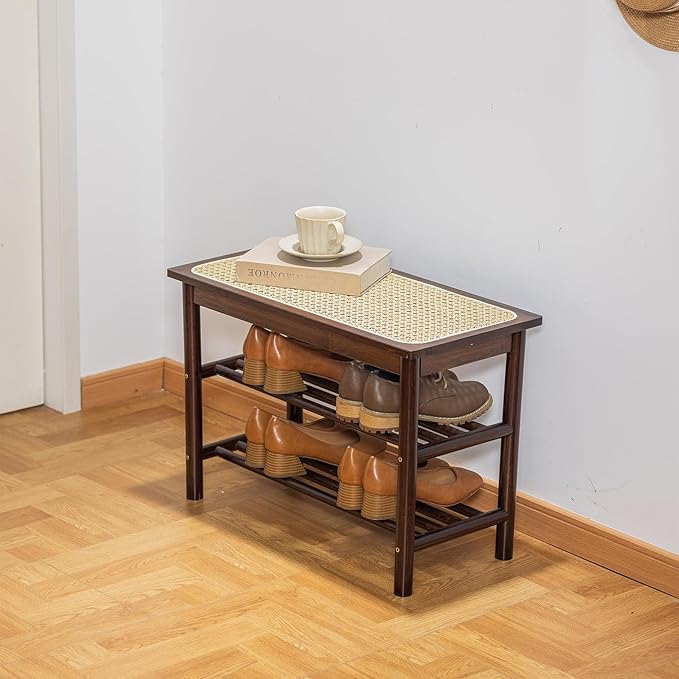 Bamboo Entryway Bench with Woven Rattan Seat, 2-Tier Shoe Storage Bench for Hallway & Entryway, 23.62 inches Walnut