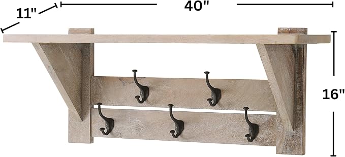 Alaterre Furniture Bethel Wall-Mounted Coat Rack with Shelf – Modern Farmhouse 40-Inch Solid Wood Entryway Organizer with 5 Black Metal Double Hooks & Upper Storage Shelf (Driftwood Finish)