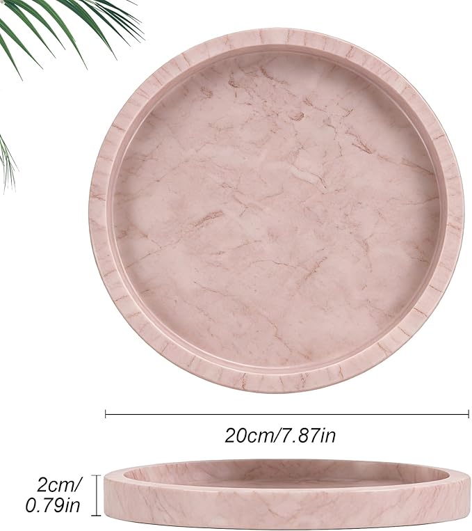 Natural Marble Tray, Round Pink Tray for Bedroom/Bathroom/Kitchen/Vanity Countertop, Jewelry Tray for Rings Earrings Necklace Bracelet Watch, Room Decor Aesthetic