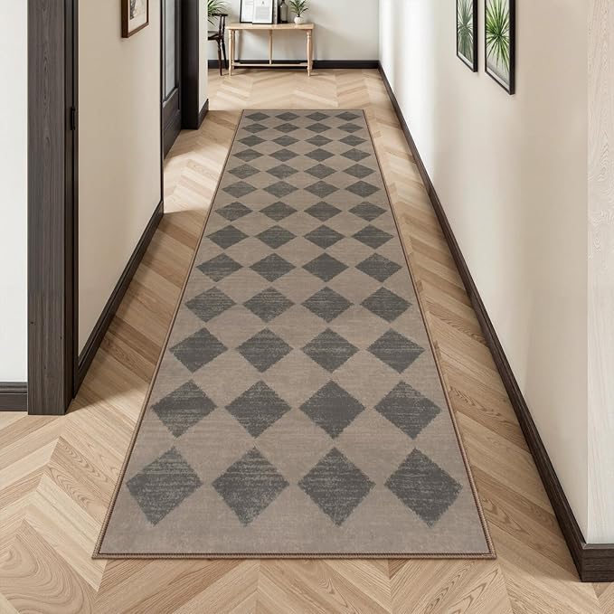 Lahome Zelie Checkered Washable 2x8 Brown Runners for Hallways Non Slip, Ultra-Thin Kitchen Bathroom Runner Rugs, Moroccan Trellis Throw Carpet Runner for Bedroom Entryway Decor (2'x8',Brown)