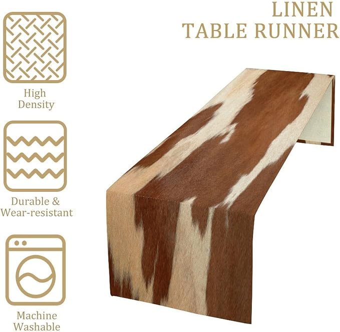 Cow Print Table Runner, Brown Cowhide Print Western Style Table Runner Country Farmhouse Cottage Cow Patten Table Decoration for Home Kitchen Dining 13x60 Inch