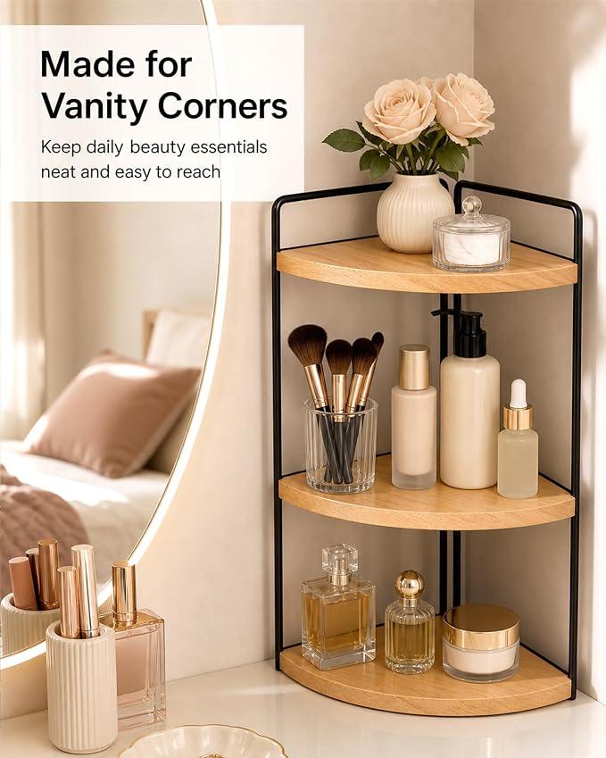 3-Tier Corner Bathroom Countertop Organizer, Solid Pine Wood Vanity Corner Shelf for Skincare & Makeup, Waterproof Standing Rack for Bathroom, Kitchen & Dresser, Large 15.7" H, Natural Wood