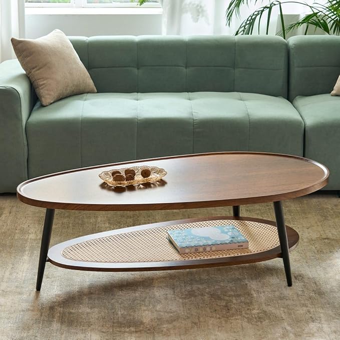 AGV LIGHTING Oval Coffee Table with Storage Shelf, 47" Mid Century Modern Coffee Table for Living Room, Walnut Wood Finish MDF Top with Rattan Shelf