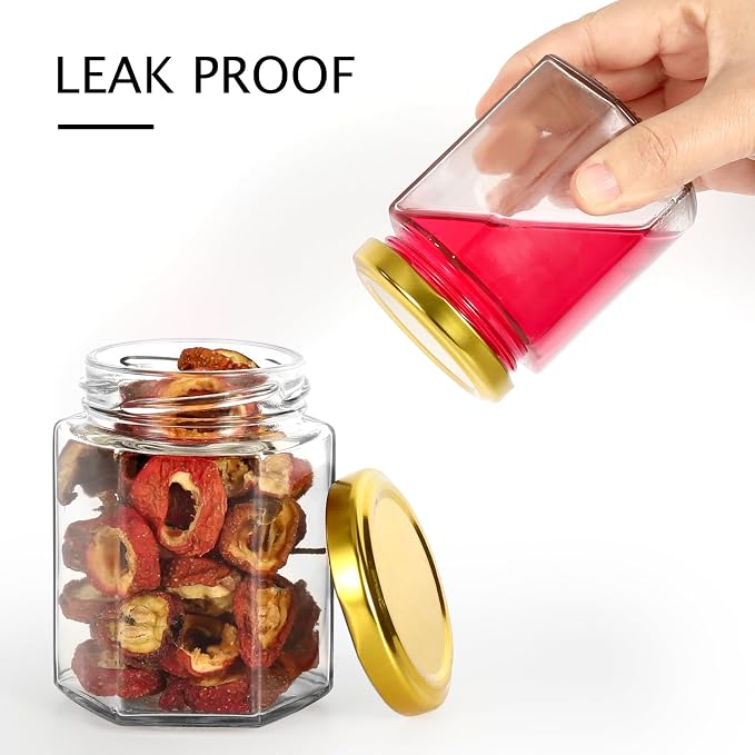 Hexagonal Glass Jam Jars with Gold Lids 6 oz,30 Pack Glass Canning Jars Food Storage Preserving Jars for Honey,Fruits Salad,Baby Foods,Spices,desserts