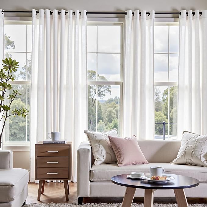 jinchan White Linen Blend Curtains for Living Room 84 Inch Length 2 Panels Set Semi Sheer Light Filtering Grommet Curtains for Bedroom Light Weight Soft Window Grommet Drapes Cream 50W x 84L Inch