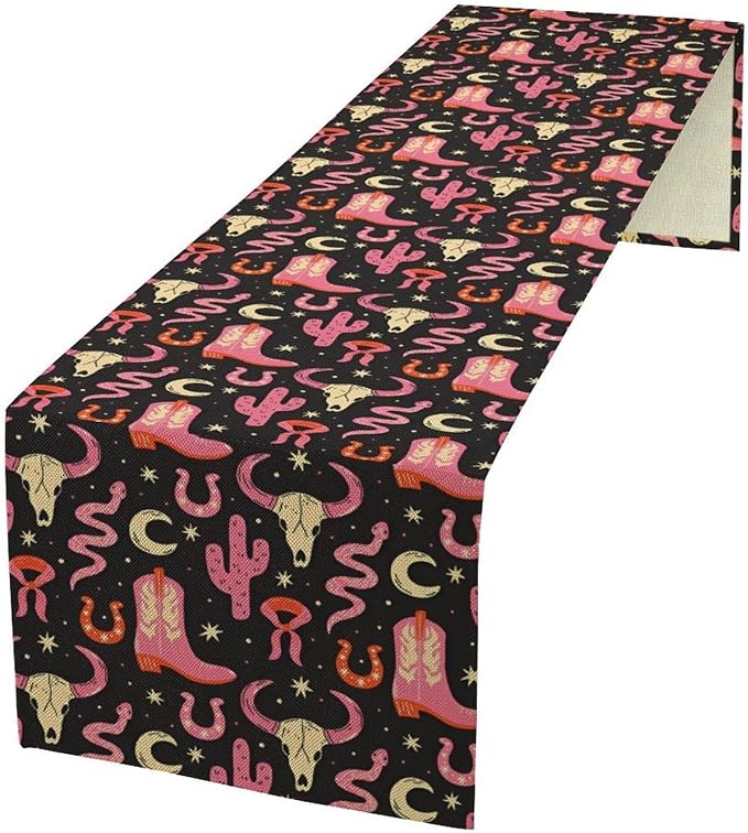 Western Cowgirl Table Runner, Pink Cowboy Boots Cacti Cactus Skull Print Table Runner for Kitchen Dining Party Birthday Wedding, 13x36 Inch