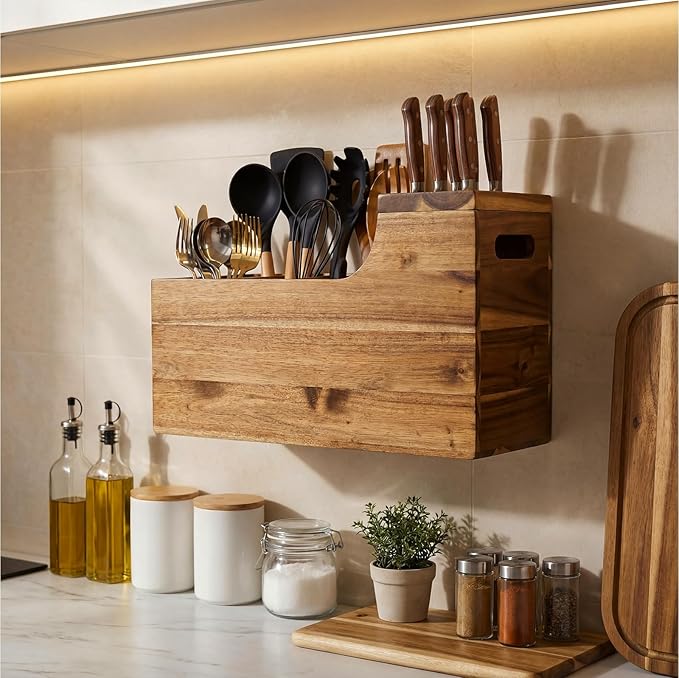 Acacia Wood Utensil Holder with Knife Block Acacia Kitchen Utensil Knife Holder Organizer Solid Wood Wall-mountable Storage Cooking and Silverware Rustic Wooden Organizer Container