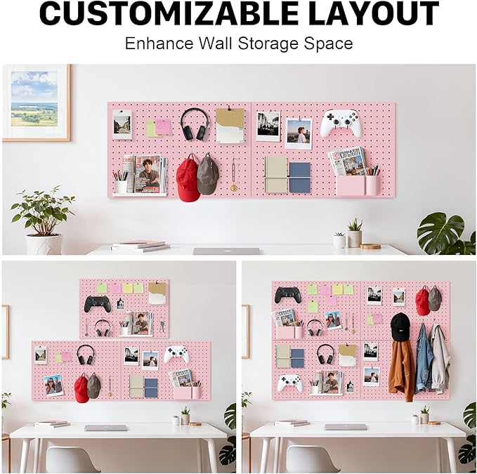 Peg Board, 4 Pack Metal Pegboard Panels Pink Pegboards Wall Organizer with Frame Large Heavy Duty Peg Board with Hooks for Walls Home, Garage Tool Storage, Office, Craft Room, Kitchen 24”×16”