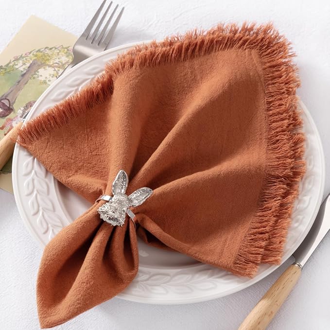 DeZerlor 12 Pack Terracotta Cotton Linen Napkins with Fringe Summer Cloth Napkins Set of 12 Boho Handmade Dinner Napkins Bulk for Wedding Bridal Baby Shower Parties, 17 x 17 Inches
