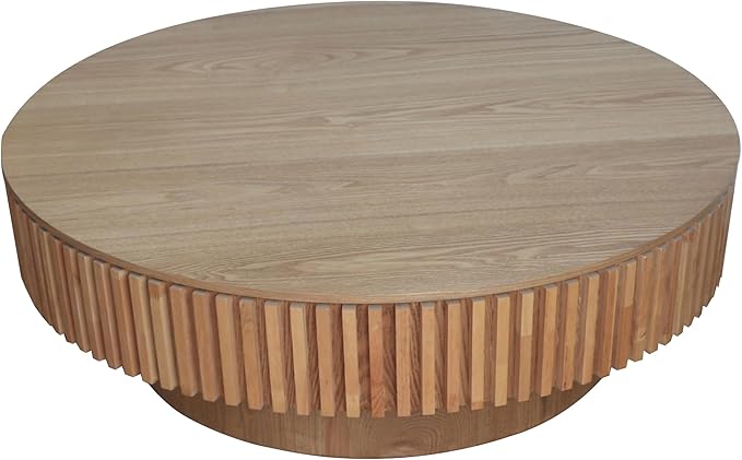 39.37'' Round Coffee Table with Storage, Solid Wood Veneered Modern Drum Coffee Table Accent Tea Table for Living Room, Bedroom, Apartment or Office-Natural