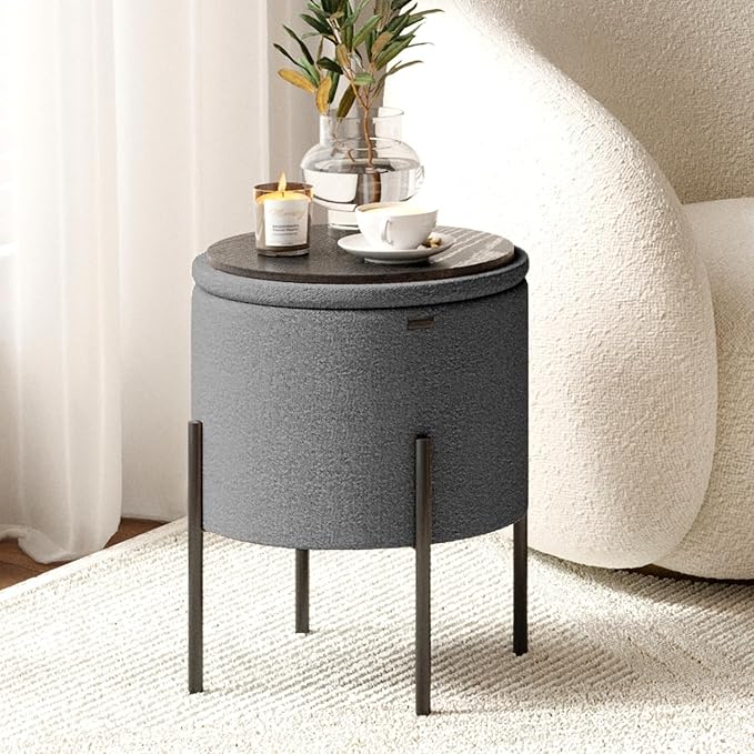 Round Ottoman with Storage, Boucle Storage Foot Stool, Makeup Vanity Stool, Small Ottoman Foot Rest, Modern Ottomans for Living Room and Bedroom, Grey