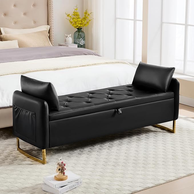65" Storage Bench for Bedroom, End of Bed Storage Bench King Size for Foot of Bed with Tufted Button and Gold Legs, Upholstered Faux Leather Window Ottoman Benches with Armrests, Black