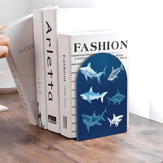 Blue Cartoon Shark 2 Pack Wood Decorative Bookends 6.7x4.2 in, Book Ends for Home Office Library Shelves Decor Room Kitchen Desktop