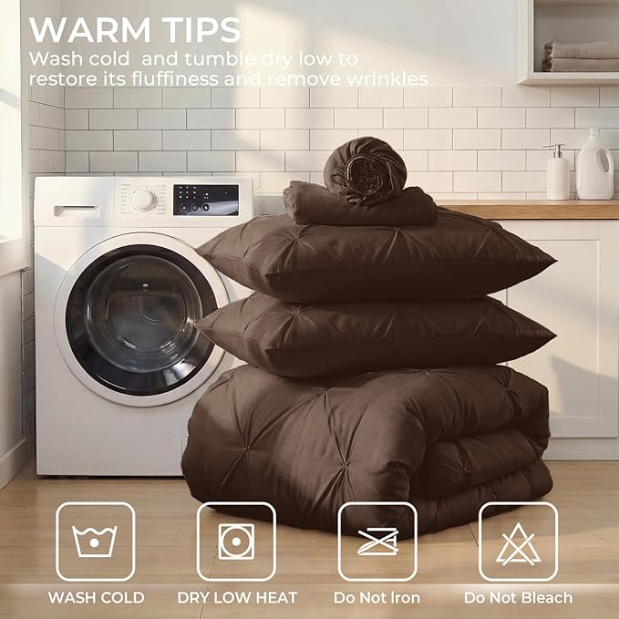 Sasttie Twin XL Comforter Set, 5-Piece Bed in a Bag, Pintuck Bedding Sets for All Season, Includes Comforter, Flat Sheet, Fitted Sheet, Pillowcase and Pillowsham, Dark Brown