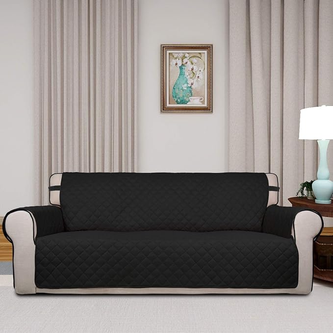 PureFit Reversible Quilted Sofa Cover, Water Resistant Slipcover Furniture Protector, Washable Couch Cover with Non Slip and Elastic Straps for Kids, Dogs, Pets (Sofa, Black/Beige)