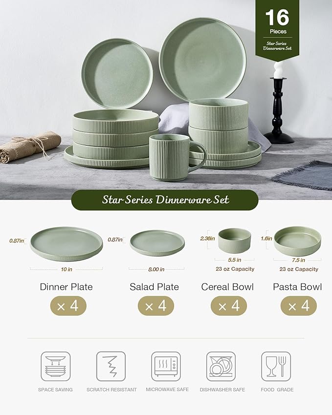 Famiware Star 16-Piece Stoneware Dinnerware Sets for 4 - Shallow Pasta Bowls & Flat Plates, Modern Rustic Reactive Glaze Dishes, Chip & Scratch Resistant, Microwave & Dishwasher Safe, Matte Sage Green