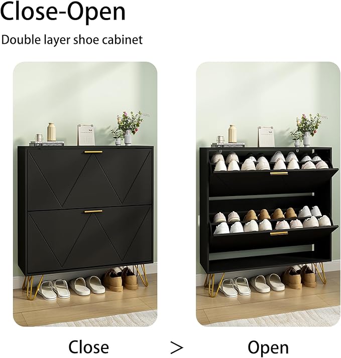 Tradare Black Shoe Cabinet Storage for Entryway, Set of 2, Narrow Shoe Cabinet with 2 Flip Drawers,Freestanding Organizer with Fluted Panel for Living Room, Bedroom, Hallway, Closet